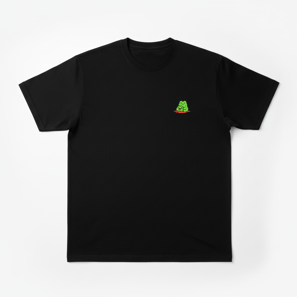 Camiseta negra bordada vista plana