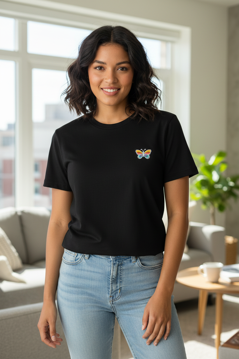 Camiseta negra mariposa - Modelo femenino