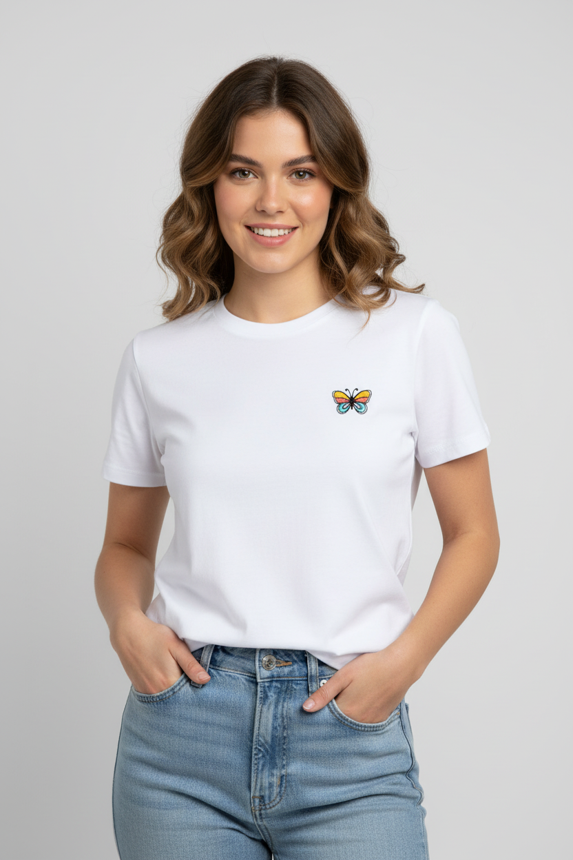 Female model wearing Roit butterfly embroidered t-shirt