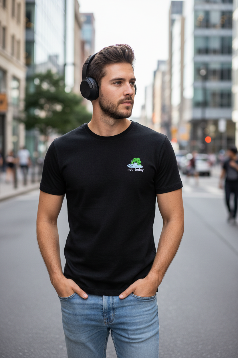 Hombre con camiseta negra letras negras