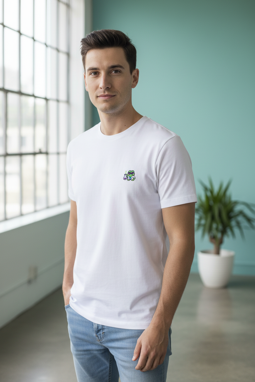 Modelo usando camiseta bordada premium