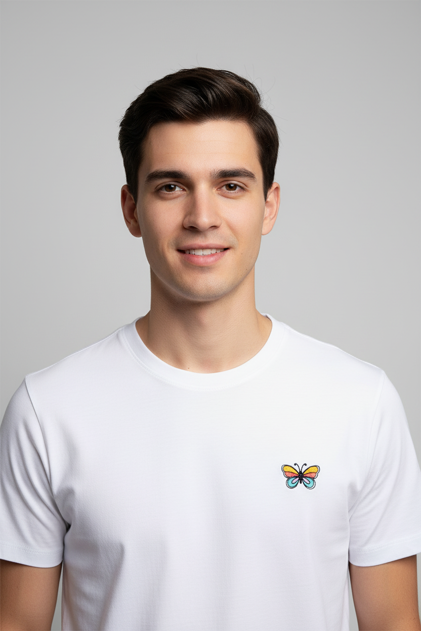 Male model wearing Roit butterfly embroidered t-shirt