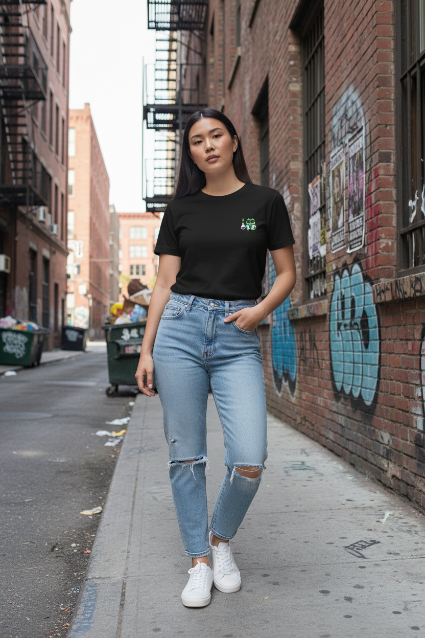 Modelo china con camiseta Good Roit The Scientist en fondo urbano