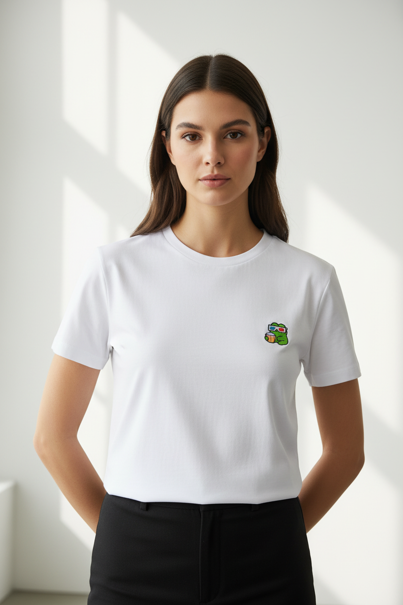 Modelo femenina con camiseta bordada premium