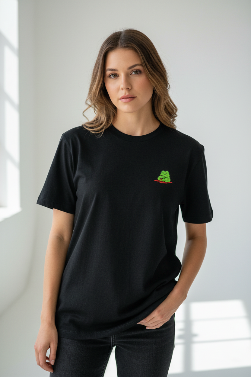 Modelo femenina con camiseta negra bordada