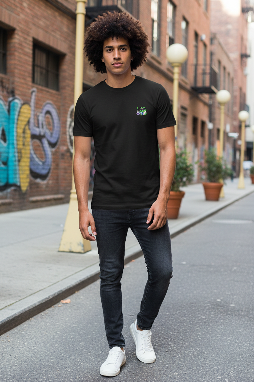 Modelo masculino afro con camiseta Good Roit The Scientist en fondo urbano