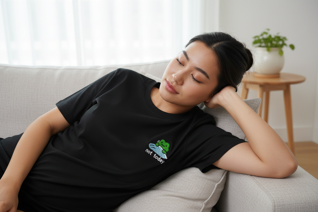 Mujer en sofá camiseta negra letras negras